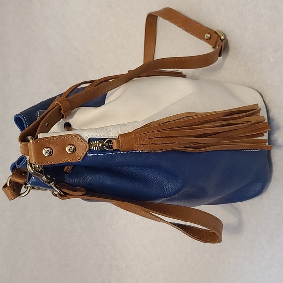 PIKOLINOS Blue and White Genuine Leather Shoulder Bucket Bag - Picture 4 of 16